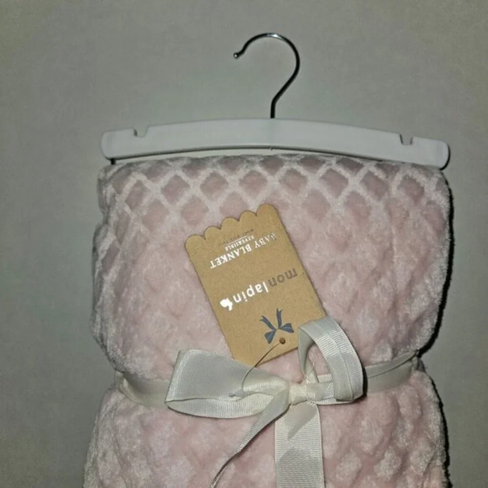 NEW Mon Lapin Solid Light Pink Baby Blanket Waffle Weave Reversible Fleece 30x40